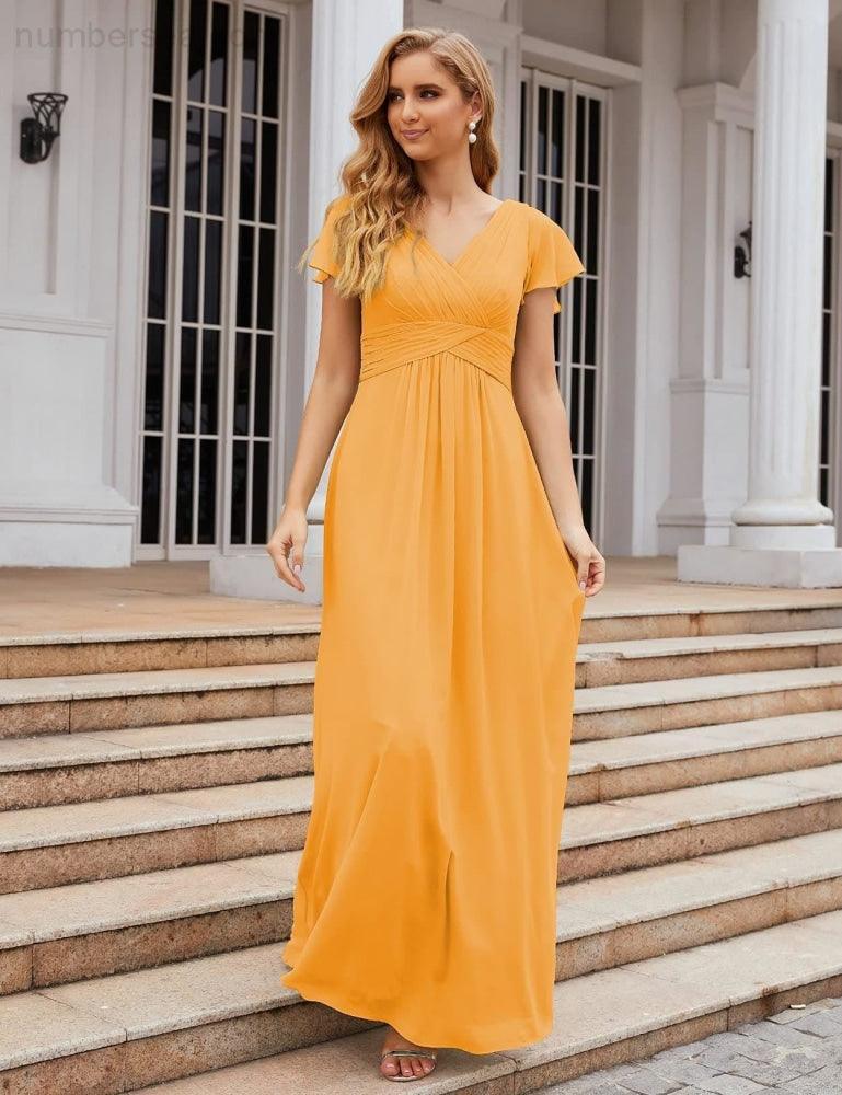 Chiffon Bridesmaid Dress Cap Sleeves Maxi Prom Gowns Party Wedding Mother of The Bride Dresses for Women SEA28047