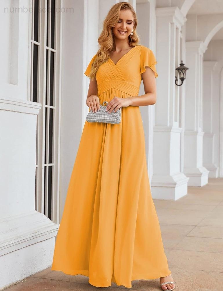 Chiffon Bridesmaid Dress Cap Sleeves Maxi Prom Gowns Party Wedding Mother of The Bride Dresses for Women SEA28047
