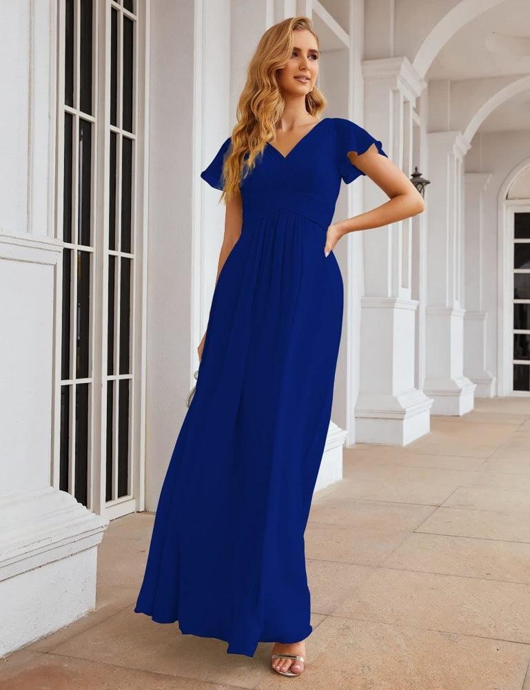 Chiffon Bridesmaid Dress Cap Sleeves Maxi Prom Gowns Party Wedding Mother of The Bride Dresses for Women SEA28047
