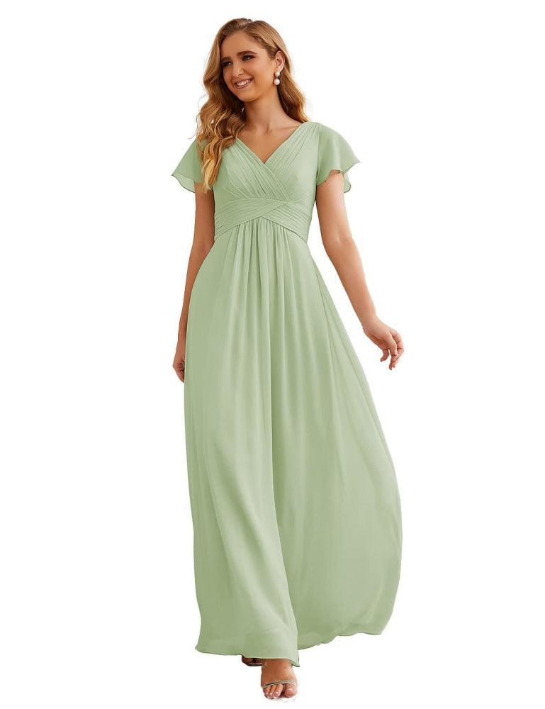 Chiffon Bridesmaid Dress Cap Sleeves Maxi Prom Gowns Party Wedding Mother of The Bride Dresses for Women SEA28047