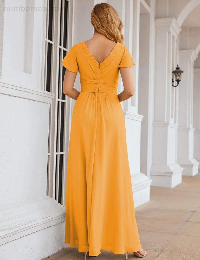 Chiffon Bridesmaid Dress Cap Sleeves Maxi Prom Gowns Party Wedding Mother of The Bride Dresses for Women SEA28047