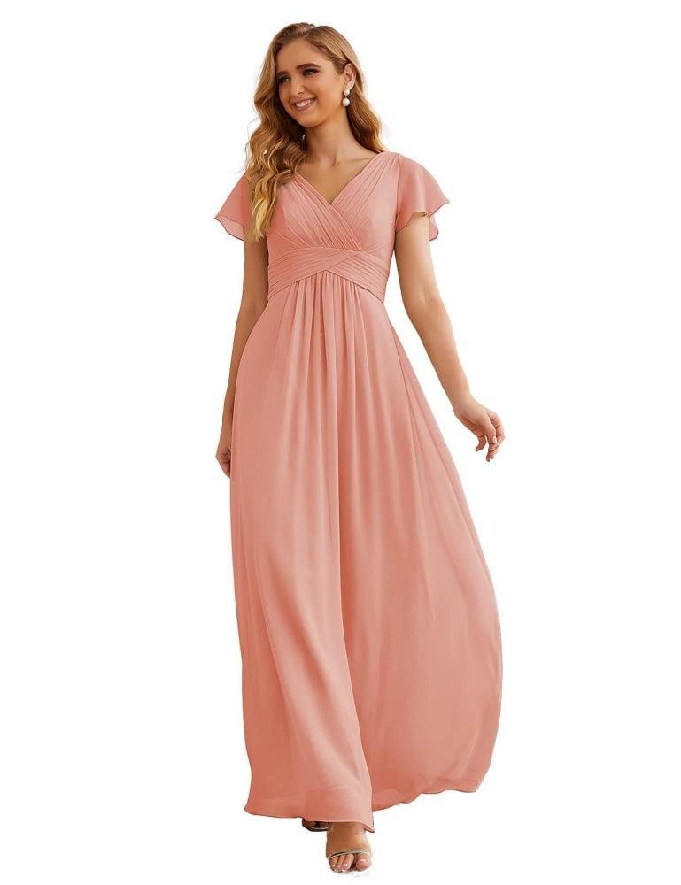 Chiffon Bridesmaid Dress Cap Sleeves Maxi Prom Gowns Party Wedding Mother of The Bride Dresses for Women SEA28047