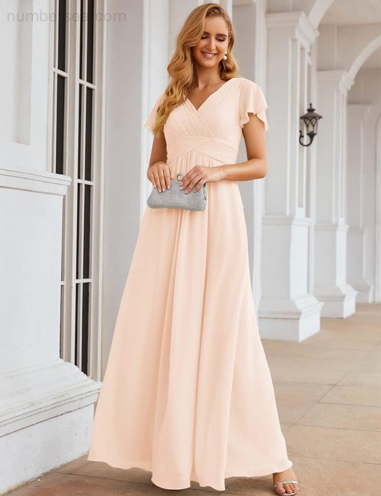 Chiffon Bridesmaid Dress Cap Sleeves Maxi Prom Gowns Party Wedding Mother of The Bride Dresses for Women SEA28047