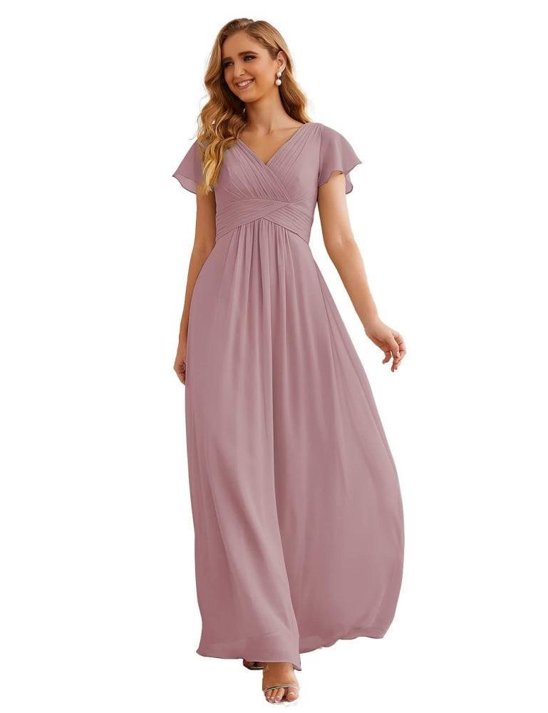 Chiffon Bridesmaid Dress Cap Sleeves Maxi Prom Gowns Party Wedding Mother of The Bride Dresses for Women SEA28047