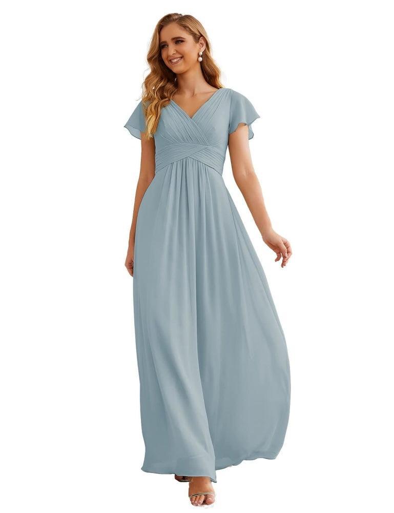 Chiffon Bridesmaid Dress Cap Sleeves Maxi Prom Gowns Party Wedding Mother of The Bride Dresses for Women SEA28047