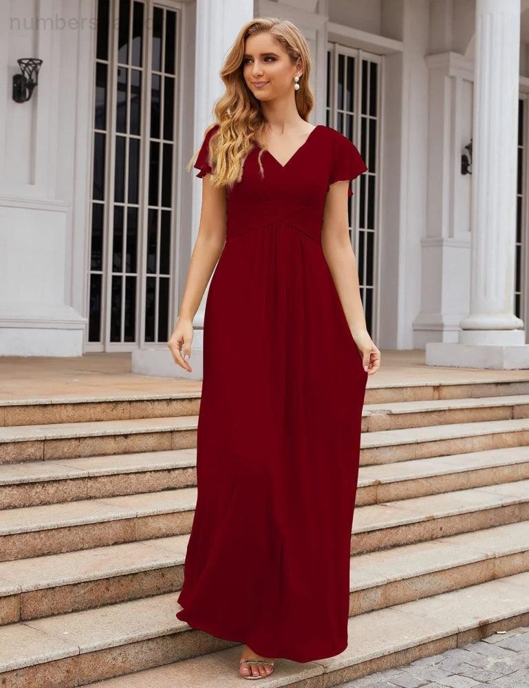 Chiffon Bridesmaid Dress Cap Sleeves Maxi Prom Gowns Party Wedding Mother of The Bride Dresses for Women SEA28047