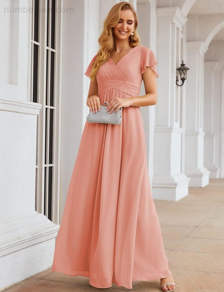 Chiffon Bridesmaid Dress Cap Sleeves Maxi Prom Gowns Party Wedding Mother of The Bride Dresses for Women SEA28047