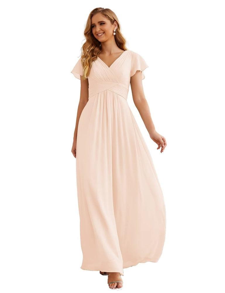 Chiffon Bridesmaid Dress Cap Sleeves Maxi Prom Gowns Party Wedding Mother of The Bride Dresses for Women SEA28047
