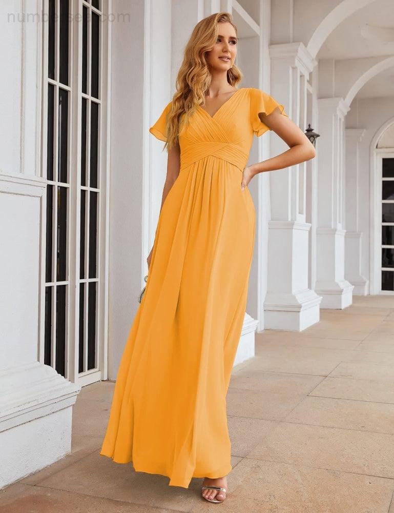 Chiffon Bridesmaid Dress Cap Sleeves Maxi Prom Gowns Party Wedding Mother of The Bride Dresses for Women SEA28047