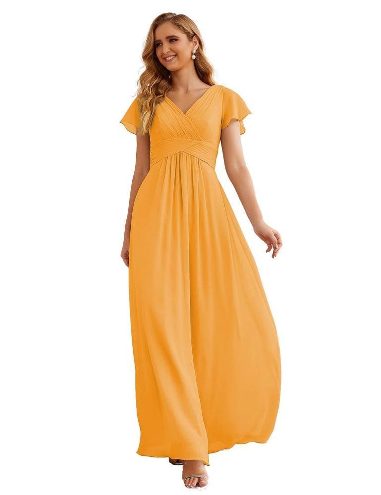 Chiffon Bridesmaid Dress Cap Sleeves Maxi Prom Gowns Party Wedding Mother of The Bride Dresses for Women SEA28047