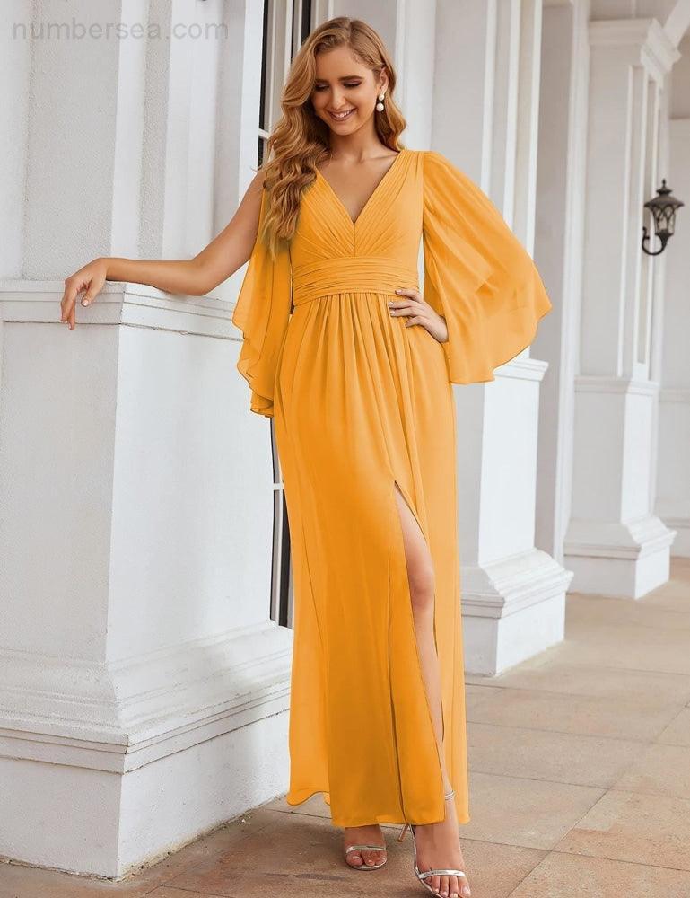 Chiffon Bridesmaid Dresses with Split for Women Wedding Long Party Prom Gown Flutter Sleeve SEA28045