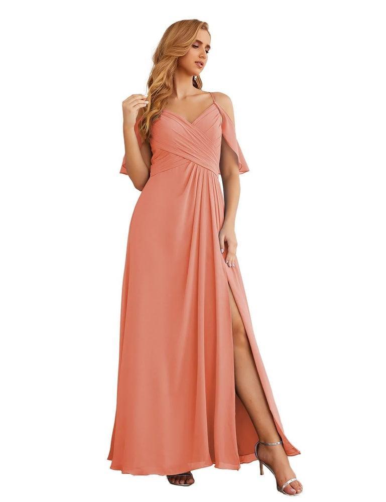 Chiffon Cold Shoulder Long Bridesmaid Dresses Plus Size Formal Prom Gowns for Women Party Wedding  SEA28070