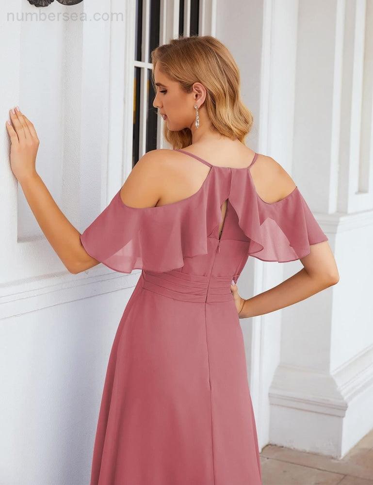 Chiffon Cold Shoulder Long Bridesmaid Dresses Plus Size Formal Prom Gowns for Women Party Wedding  SEA28070