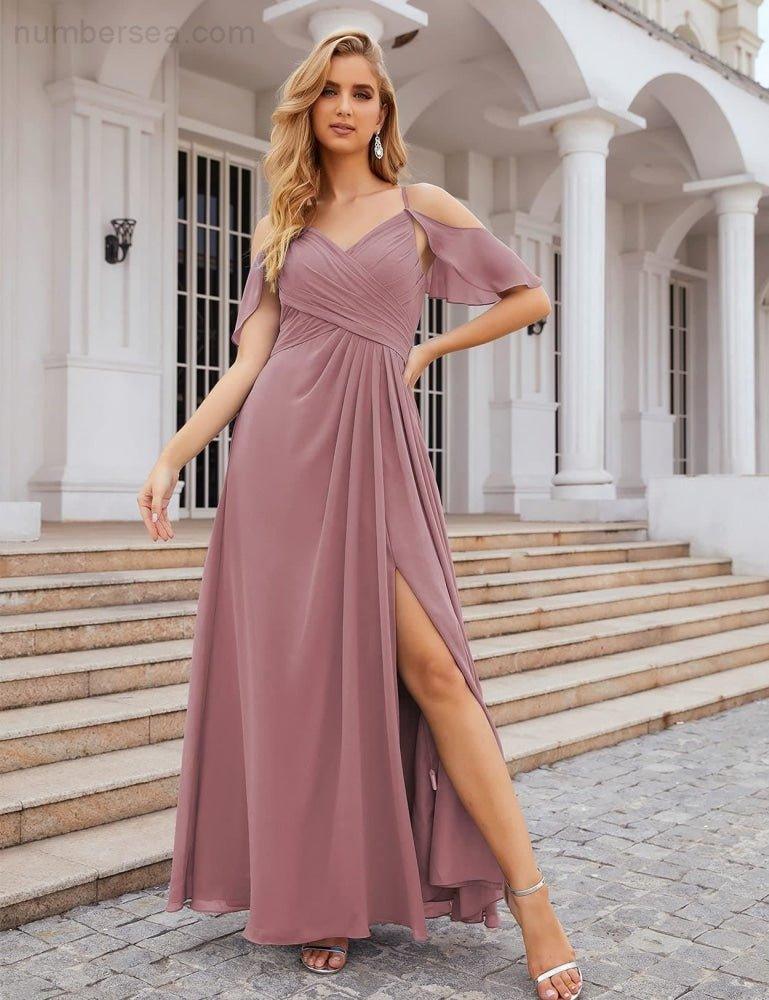 Chiffon Cold Shoulder Long Bridesmaid Dresses Plus Size Formal Prom Gowns for Women Party Wedding  SEA28070