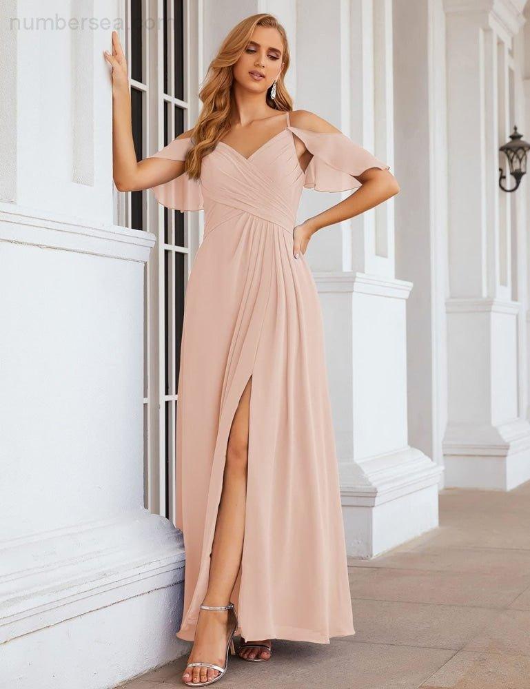 Chiffon Cold Shoulder Long Bridesmaid Dresses Plus Size Formal Prom Gowns for Women Party Wedding  SEA28070