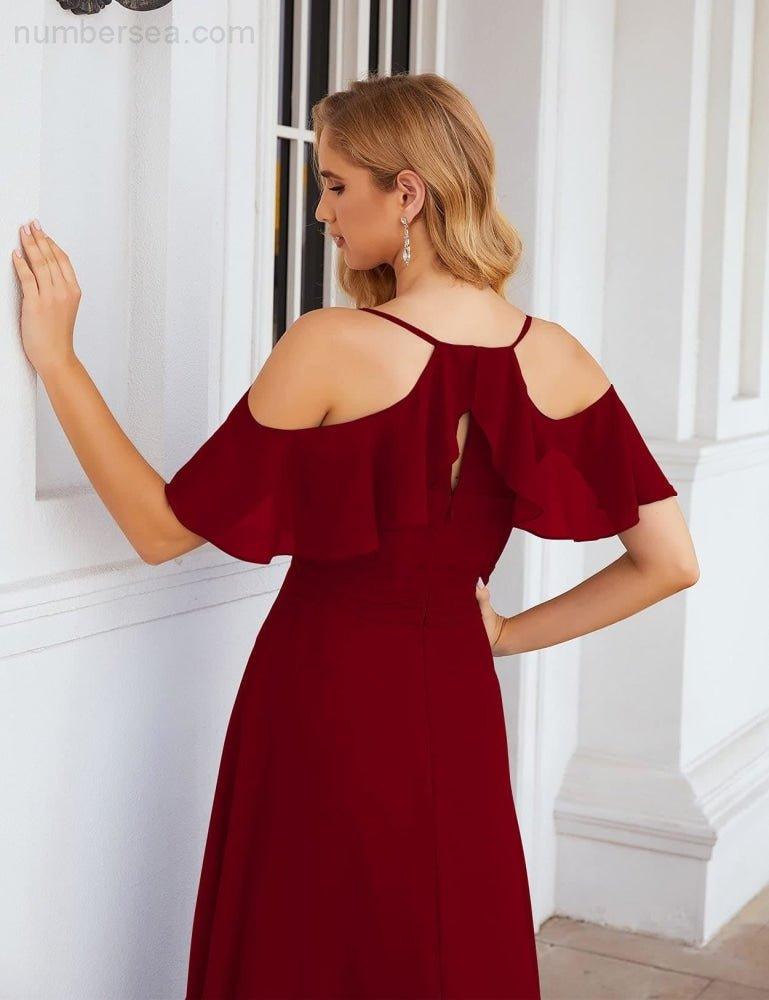 Chiffon Cold Shoulder Long Bridesmaid Dresses Plus Size Formal Prom Gowns for Women Party Wedding  SEA28070