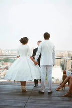 Modest A-line V-neck Half Sleeves Tea Length Taffeta Wedding Dresses, MW531