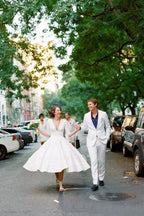Modest A-line V-neck Half Sleeves Tea Length Taffeta Wedding Dresses, MW531