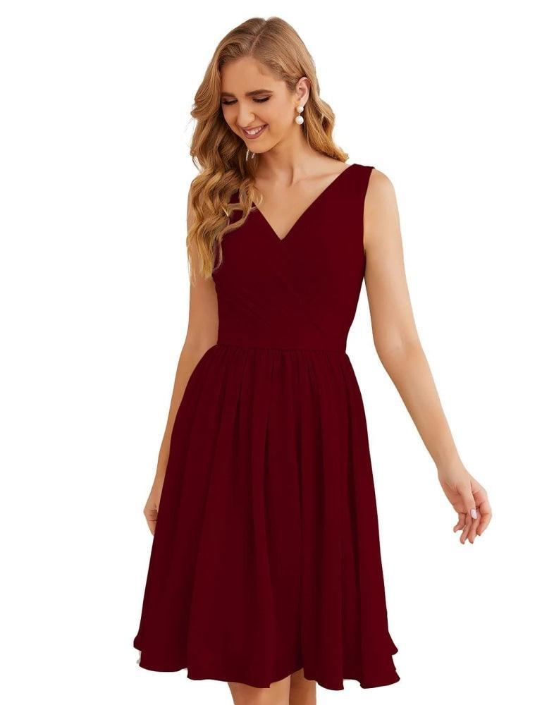 V-Neck Bridesmaid Dresses Chiffon Short Knee Length Formal Prom Gowns for Women Party Homecoming  SEA28062