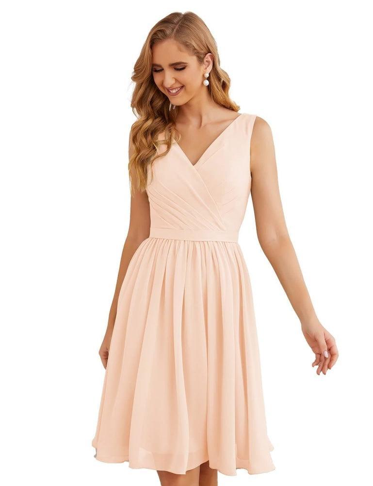 V-Neck Bridesmaid Dresses Chiffon Short Knee Length Formal Prom Gowns for Women Party Homecoming  SEA28062