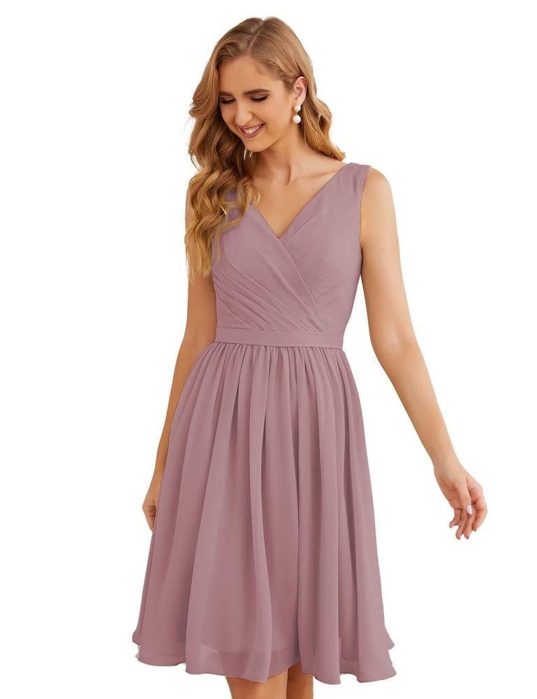 V-Neck Bridesmaid Dresses Chiffon Short Knee Length Formal Prom Gowns for Women Party Homecoming  SEA28062