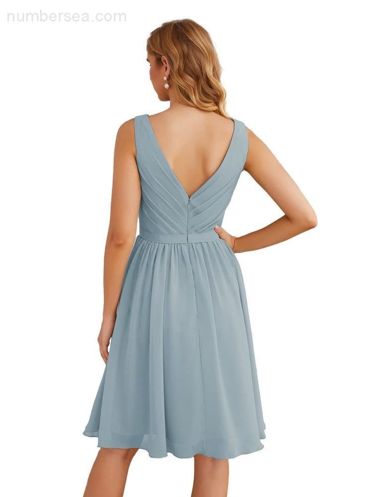 V-Neck Bridesmaid Dresses Chiffon Short Knee Length Formal Prom Gowns for Women Party Homecoming  SEA28062