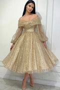 Obsessing Gold A-line Off-the-shoulder Sequined Prom Dress with Long Sleeves