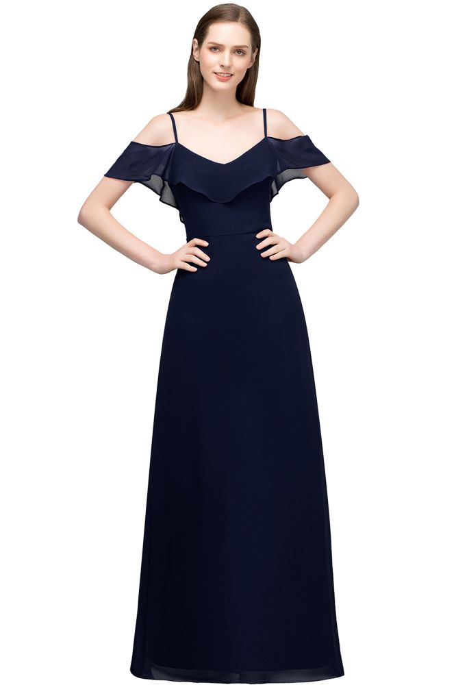 Off-shoulder V-neck A-line Spaghetti Long Chiffon Prom Dresses