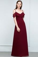 Off-shoulder V-neck A-line Spaghetti Long Chiffon Prom Dresses