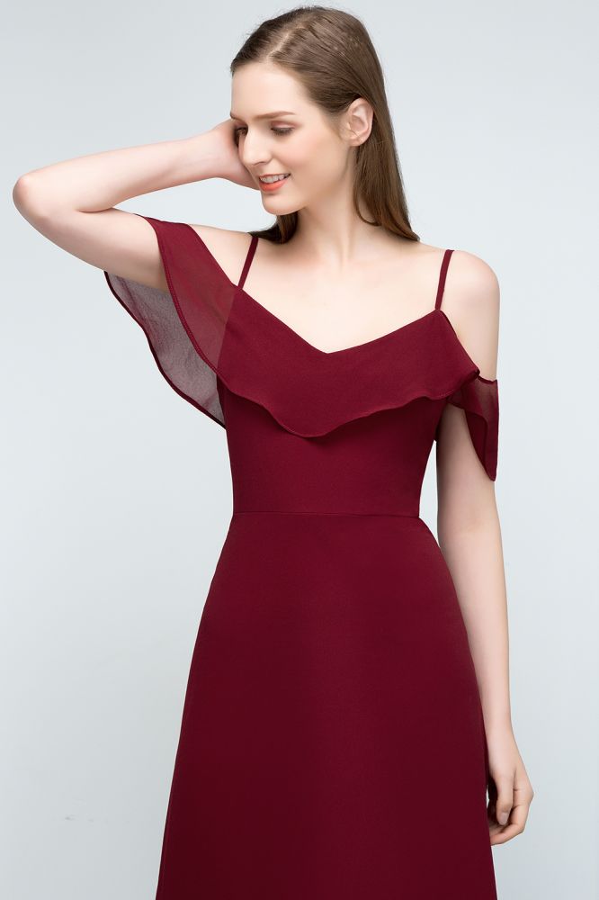 Off-shoulder V-neck A-line Spaghetti Long Chiffon Prom Dresses