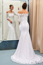 Off-The-Shoulder 3/4-Length Sleeves Lace-Up Mermaid Wedding Dress