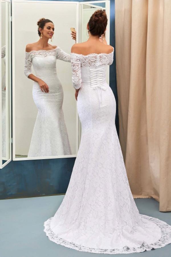 Off-The-Shoulder 3/4-Length Sleeves Lace-Up Mermaid Wedding Dress