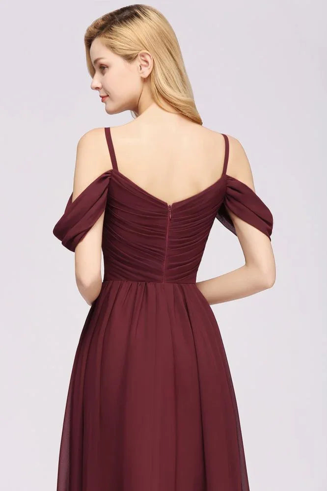 Off-the-Shoulder A-line Chiffon Bridesmaid Dress Floor-Length Wedding Guest Dress