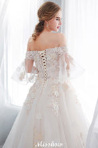 Off-the-shoulder Aline Ball Gown Floor Length Appliques Tulle Wedding Dress