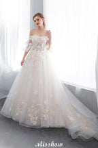 Off-the-shoulder Aline Ball Gown Floor Length Appliques Tulle Wedding Dress