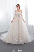Off-the-shoulder Aline Ball Gown Floor Length Appliques Tulle Wedding Dress