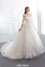 Off-the-shoulder Aline Ball Gown Floor Length Appliques Tulle Wedding Dress