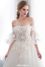 Off-the-shoulder Aline Ball Gown Floor Length Appliques Tulle Wedding Dress
