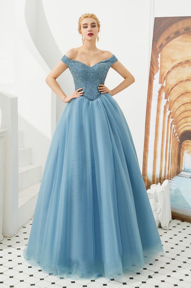 Off the Shoulder aline Princess Ball Gown Tulle Floor Length Beadings Party Gown Lace-up