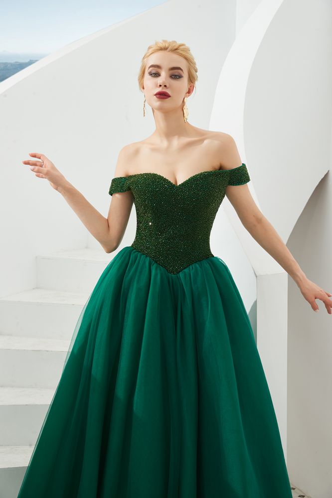 Off the Shoulder aline Princess Ball Gown Tulle Floor Length Beadings Party Gown Lace-up