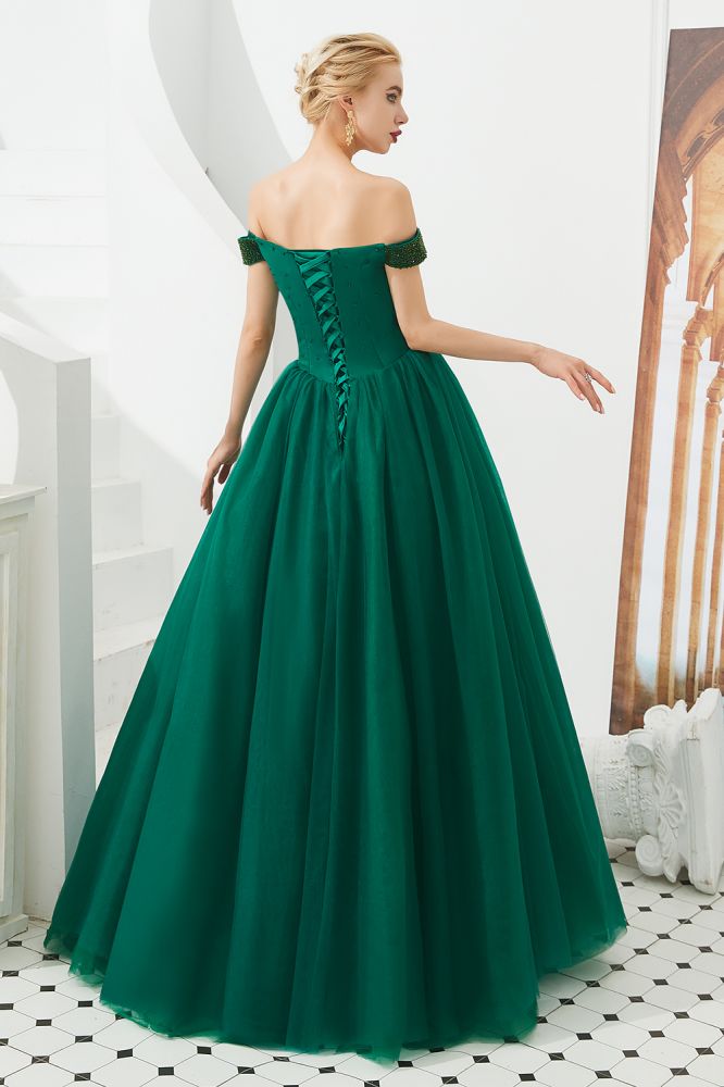 Off the Shoulder aline Princess Ball Gown Tulle Floor Length Beadings Party Gown Lace-up