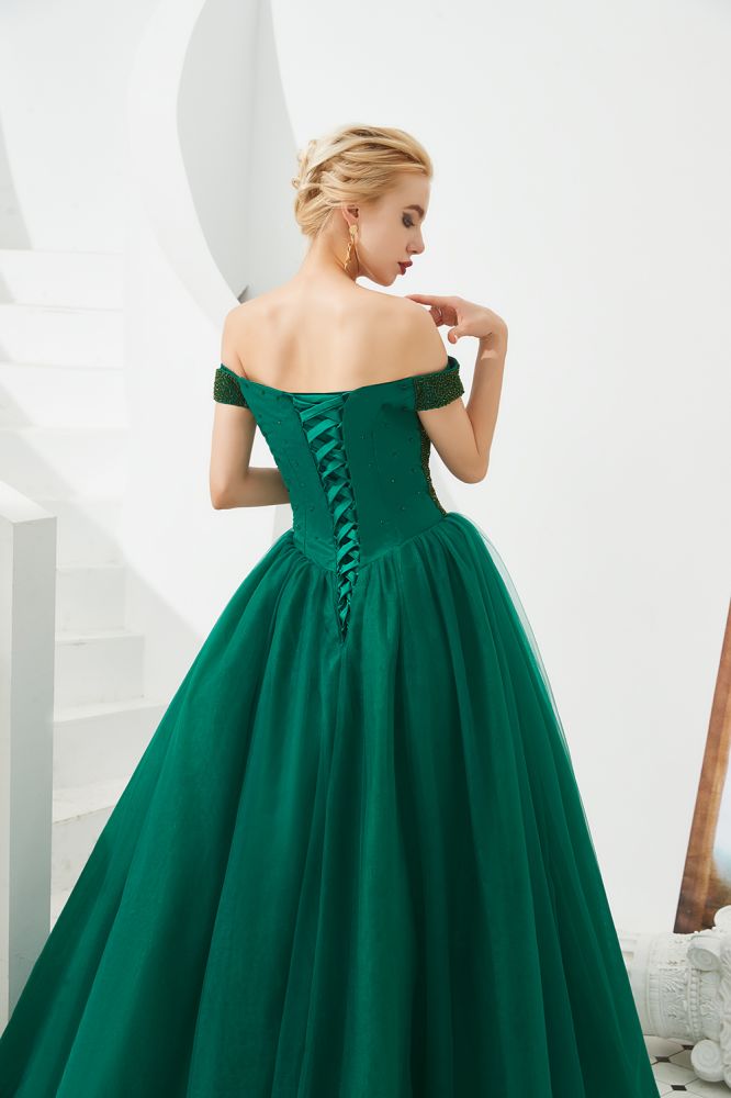 Off the Shoulder aline Princess Ball Gown Tulle Floor Length Beadings Party Gown Lace-up