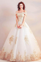 Off the Shoulder Ball Gown Long Wedding Dress with Gold Appliques