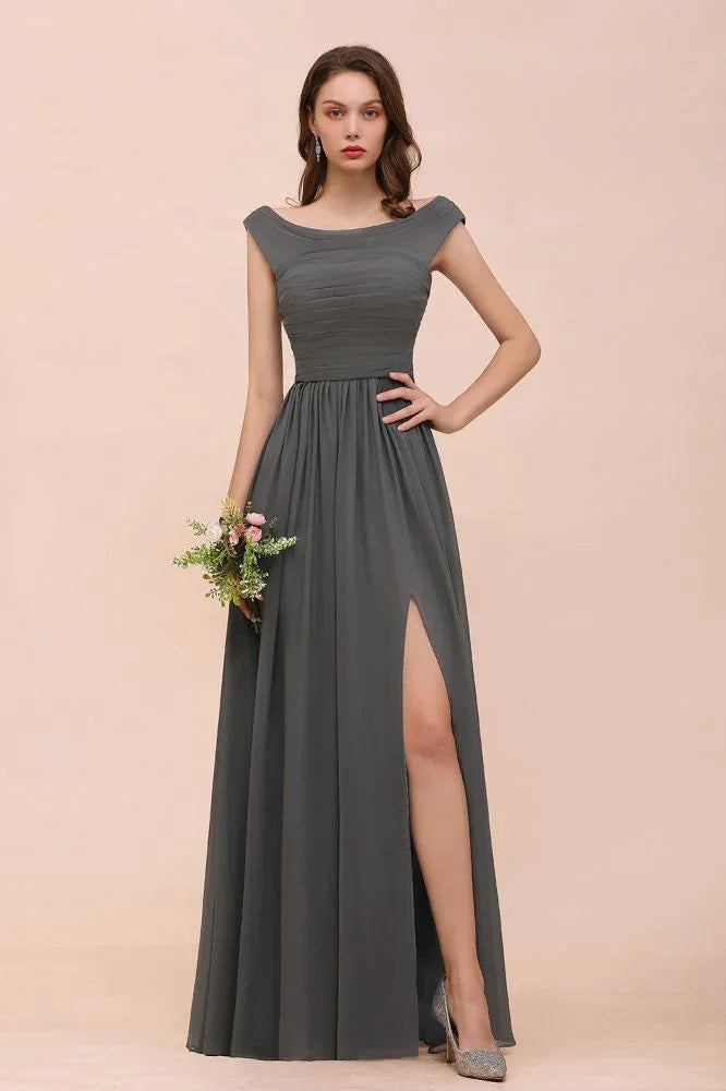 Off the Shoulder Front Side Split Bridesmaid Dress A-line Wedding Guest Dress