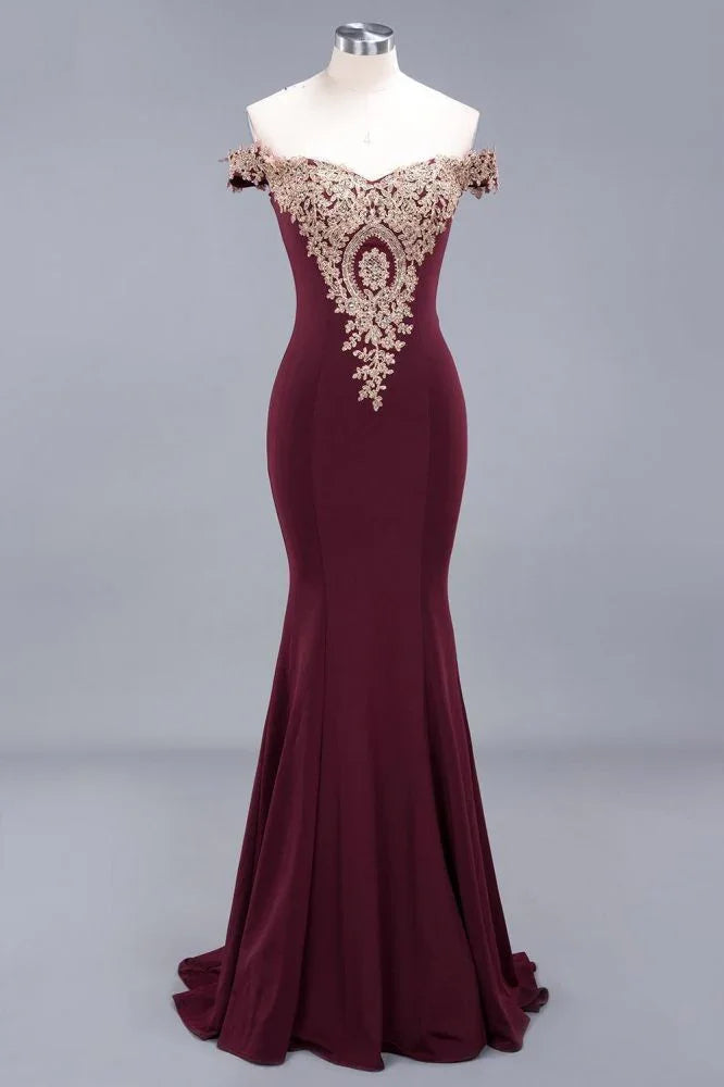 Off the Shoulder Gold Appliques Mermaid Evening Gowns Slim Prom Dress