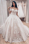 Off the Shoulder Lace Appliques Ball Gown Wedding Dress