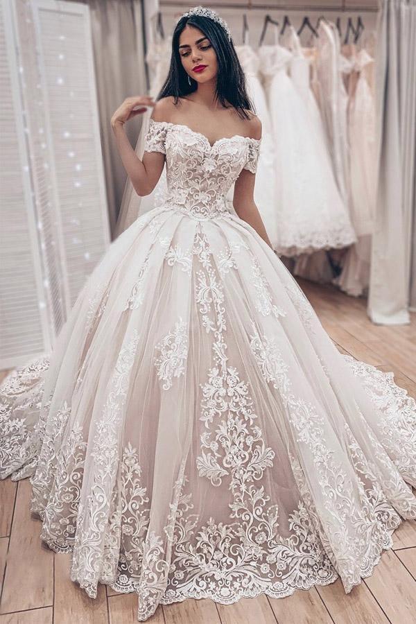 Off the Shoulder Lace Appliques Ball Gown Wedding Dress