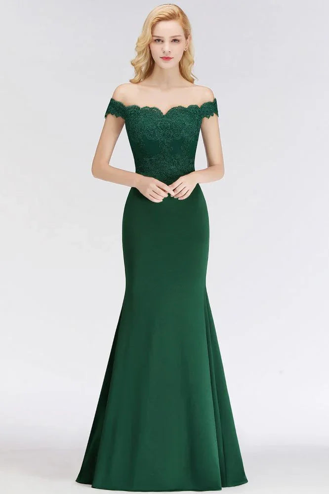 Off-the-shoulder Long Appliques Satin Mermaid Prom Gown Bridesmaid Dresses
