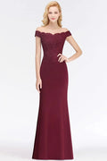 Off-the-shoulder Long Appliques Satin Mermaid Prom Gown Bridesmaid Dresses