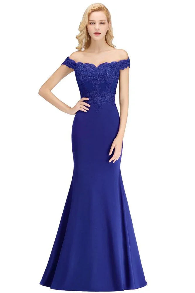 Off-the-shoulder Long Appliques Satin Mermaid Prom Gown Bridesmaid Dresses